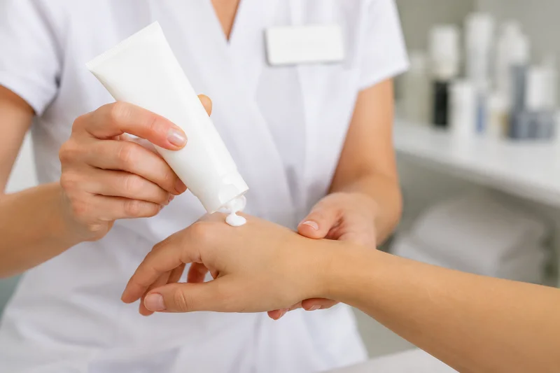 A close-up photograph of a practitioner's hands applying unbranded SPF sunscreen to the back of a patient's hand in a professional UK clinical setting, illustrating the importance of post-treatment sun protection as part of the full cost of hyperpigmentation treatment.