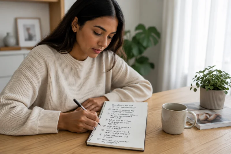 A person sitting at a table at home writing a list of questions to ask before a hyperpigmentation clinic consultation, with soft natural light and a notebook visible.