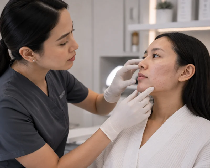 Practitioner examining a client's skin closely under clinical lighting to assess active acne before considering pigmentation treatment