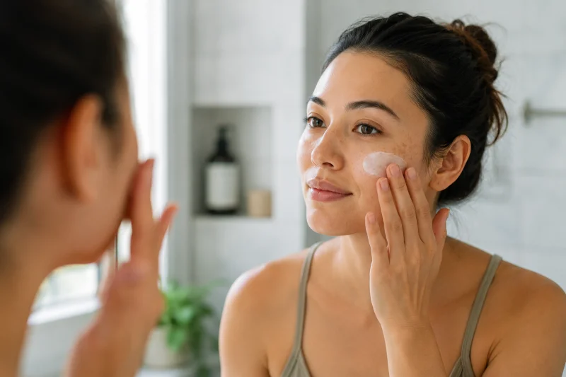 Woman applying skincare to her face as part of an ongoing pigmentation maintenance routine
