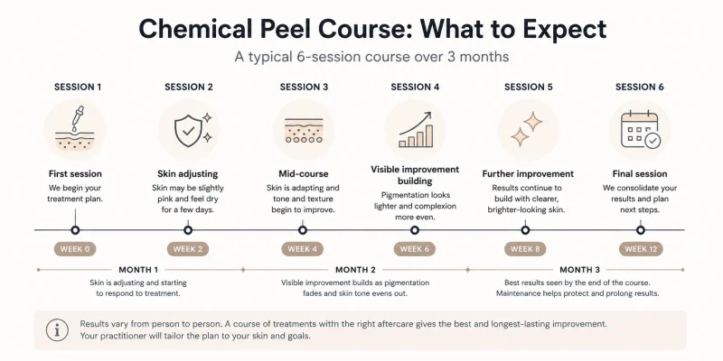 A flat illustrated horizontal timeline showing a six-session chemical peel course spread across approximately three months. Each session is represented by a simple circular icon and a short label indicating the stage of treatment, from first session through to maintenance phase. The design uses a neutral colour palette with clear sans-serif typography and a clean white background.