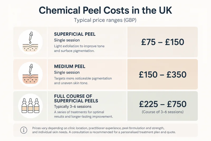 A flat illustrated bar chart showing three cost tiers for chemical peel treatments in the UK