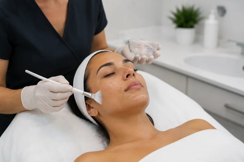 Practitioner carefully applying a chemical peel solution to a patient's cheek in a clinic, illustrating the controlled application process used to treat hyperpigmentation.