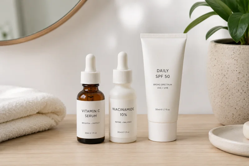 A curated selection of post-treatment maintenance skincare products including a vitamin C serum, niacinamide, and SPF arranged on a clean bathroom surface, representing the ongoing skincare routine recommended after completing a hyperpigmentation treatment course.