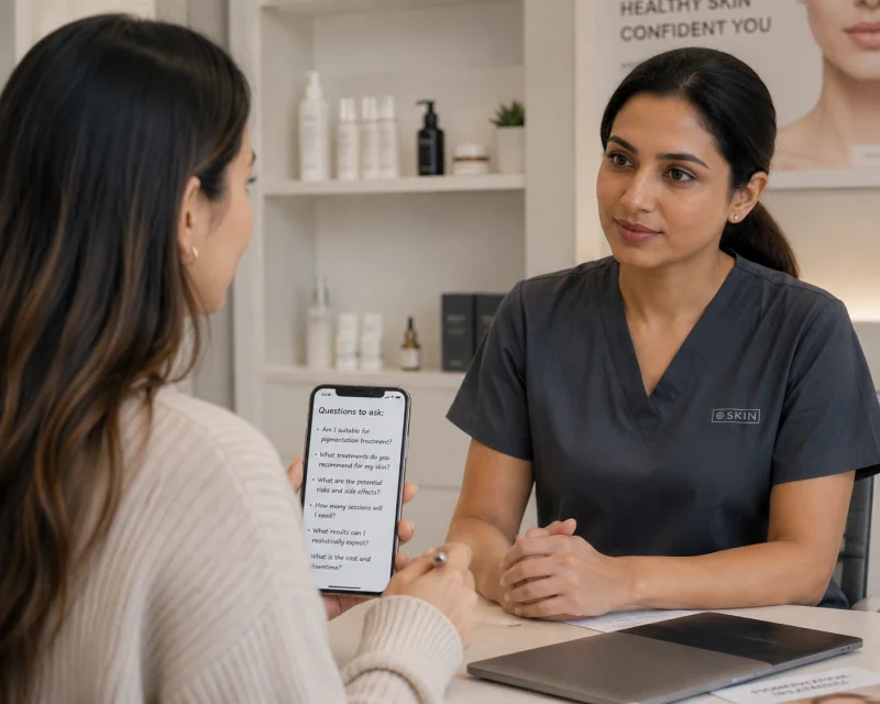A client referring to a written list of questions while talking with a practitioner during a pigmentation treatment consultation
