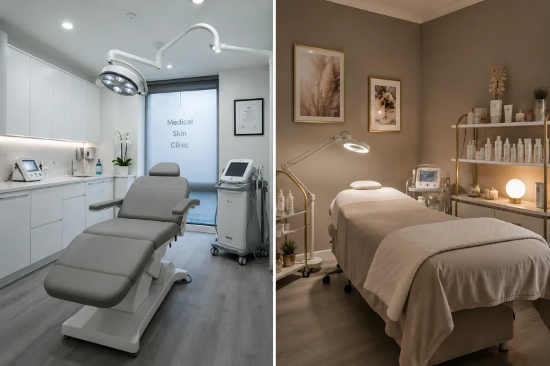 A side-by-side comparison of two treatment room interiors - a clinical medical aesthetics room with professional equipment on the left, and a standard beauty salon treatment room on the right - illustrating how practitioner setting and qualification level can affect hyperpigmentation treatment costs in the UK