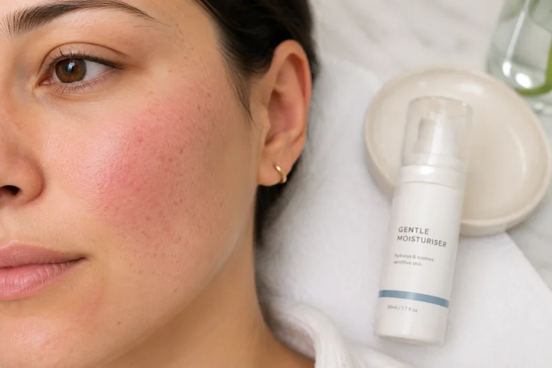 Close-up of mild, natural post-treatment redness on a person's cheek beside a gentle moisturiser, illustrating a typical short-term side effect of hyperpigmentation treatment.