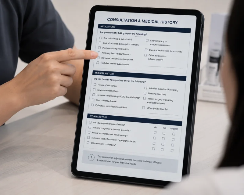 Close-up of a practitioner reviewing a medication and medical history checklist with a client during a pigmentation treatment consultation