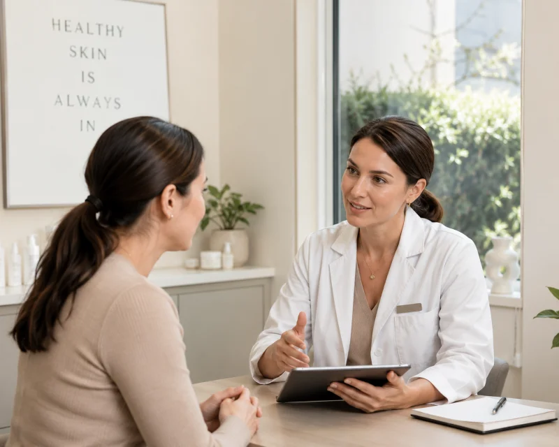Woman discussing a personalised pigmentation maintenance plan with a practitioner during a consultation