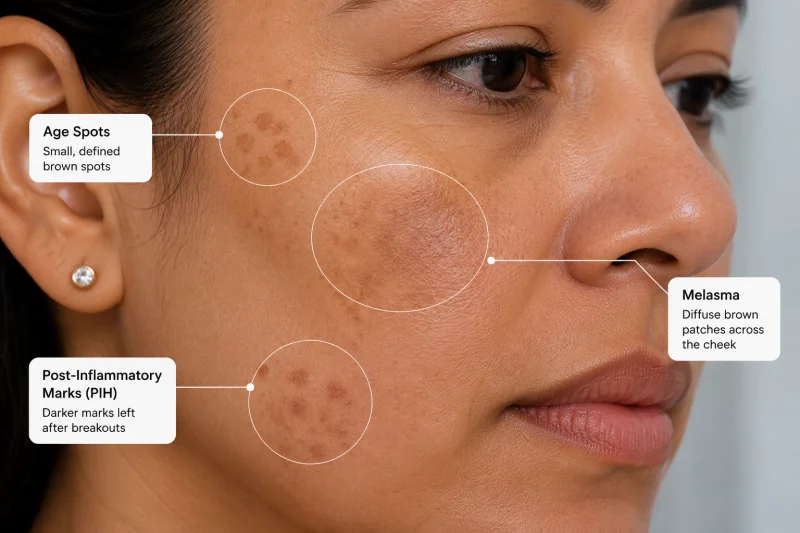 A close-up clinical photograph of facial skin showing three distinct types of hyperpigmentation. A small cluster of age spots appears near the cheekbone, post-inflammatory marks are visible along the jaw area, and a diffuse patch of melasma spreads across the upper cheek. The image is unretouched and uses neutral clinical lighting to clearly show differences in pigmentation type and distribution.