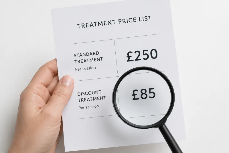 A close-up photograph of a hand holding a printed aesthetic treatment price list with two price options visible, a magnifying glass positioned over the lower price, illustrating the importance of scrutinising unusually low hyperpigmentation treatment costs in the UK rather than treating them as straightforward value.