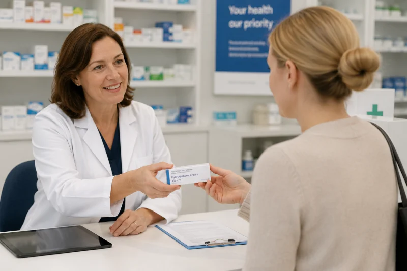Pharmacist handing a prescription-only hydroquinone cream to a patient in a UK clinic, illustrating the supervised, prescription-based access to this hyperpigmentation treatment.