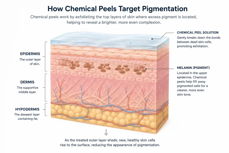 A labelled cross-section diagram of human skin showing the epidermis, dermis, and hypodermis layers. Melanin deposits are highlighted in dark tones within the epidermal layer. A chemical peel solution is shown acting on the skin surface, illustrating how the treatment removes pigmented cells in the outermost layers.