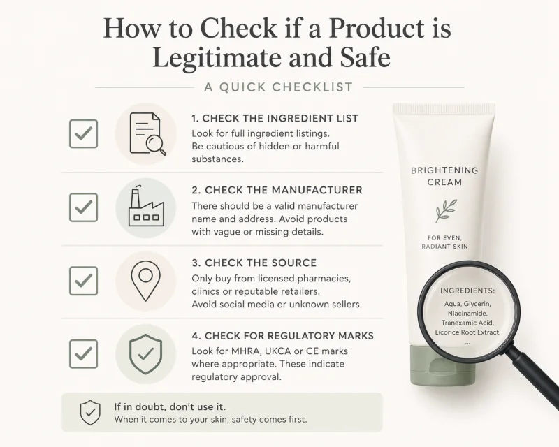 Illustrated checklist showing how to identify a legitimate skin-lightening product, including checking for a full ingredient list and manufacturer details.