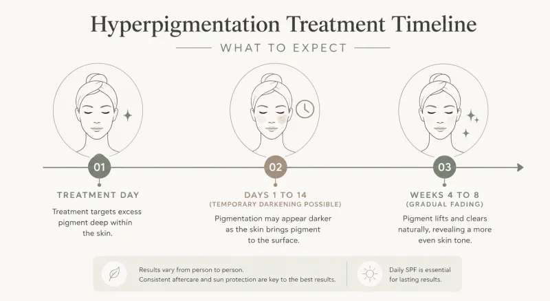 Illustrated timeline showing the typical healing stages after hyperpigmentation treatment, from treatment day through possible temporary darkening to gradual fading over eight weeks.