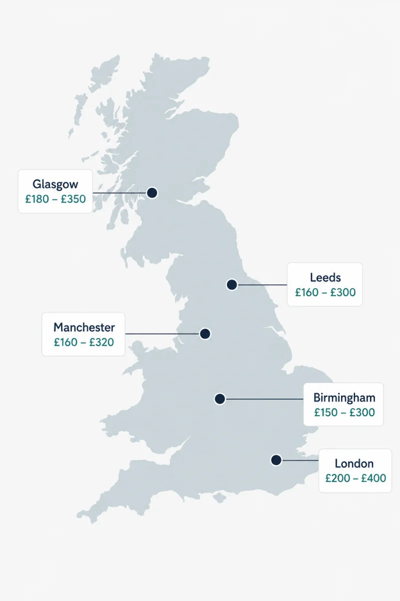 A minimal illustrated map of Great Britain showing city markers for London, Manchester, Leeds, Glasgow and Birmingham, each labelled with a representative price range for hyperpigmentation treatment, illustrating regional cost variation across the UK.