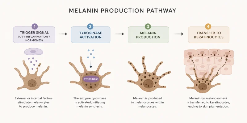 Melanin production pathway infographic