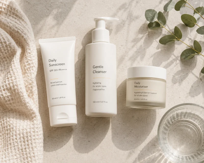 Minimalist skincare flat-lay with eucalyptus leaves