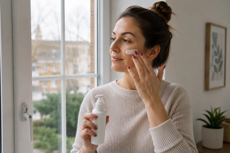 A person applies SPF sunscreen to their face while standing near a bright window indoors, illustrating the importance of daily sun protection during a hyperpigmentation treatment course, including in overcast or indoor conditions.