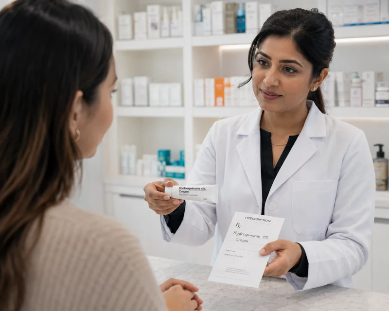 A pharmacist handing a prescribed pigmentation cream to a client across a pharmacy counter in the UK