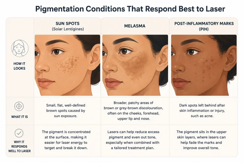 Illustrated reference grid showing three common types of skin pigmentation on neutral skin tones - sun spots depicted as small defined surface marks, melasma shown as broader diffuse patches across the cheek area, and post-inflammatory hyperpigmentation shown as scattered darker spots - each labelled in plain English to help readers identify their own pigmentation type