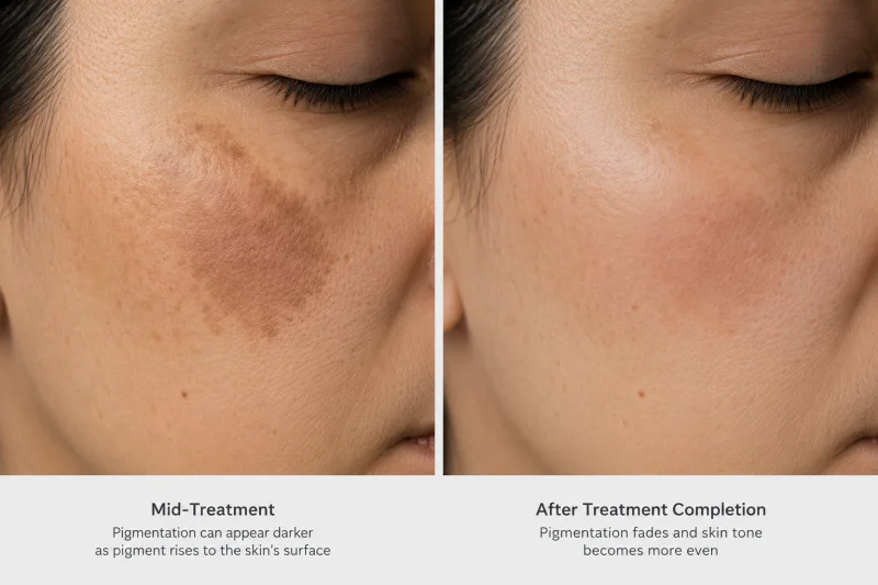 A split close-up comparison of facial skin during hyperpigmentation treatment, showing a defined dark patch in the mid-treatment phase on the left and a more even, faded skin tone after treatment completion on the right, against a neutral clinical background.