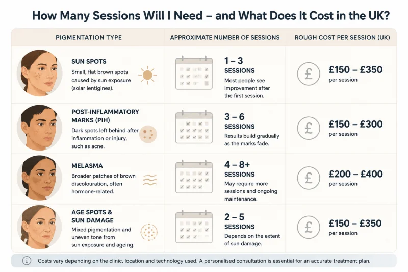 Illustrated infographic table comparing three common pigmentation conditions - solar lentigines (sun spots), post-inflammatory hyperpigmentation, and melasma - with approximate laser session number ranges and cost-per-session estimates in British pounds for each condition, designed to help UK consumers understand the likely treatment commitment and cost before booking a consultation