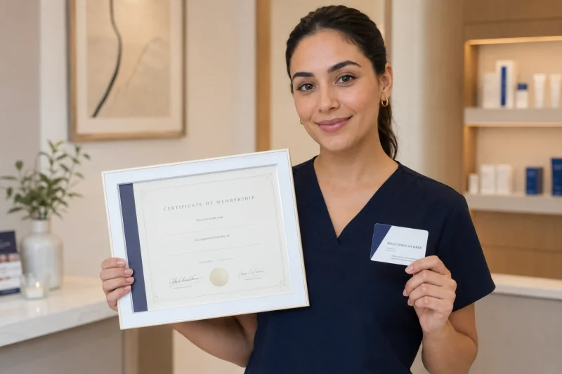 Practitioner holding a consultation checklist in a clinic, representing the questions and credential checks recommended before booking a hyperpigmentation treatment.