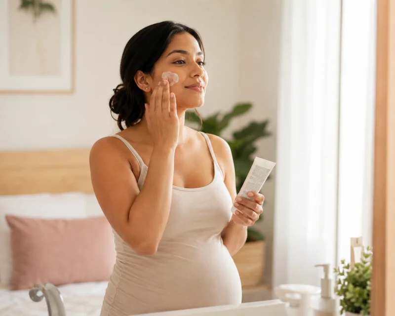 Pregnant woman applying sunscreen to her face as part of a skincare routine linked to hormonal pigmentation changes