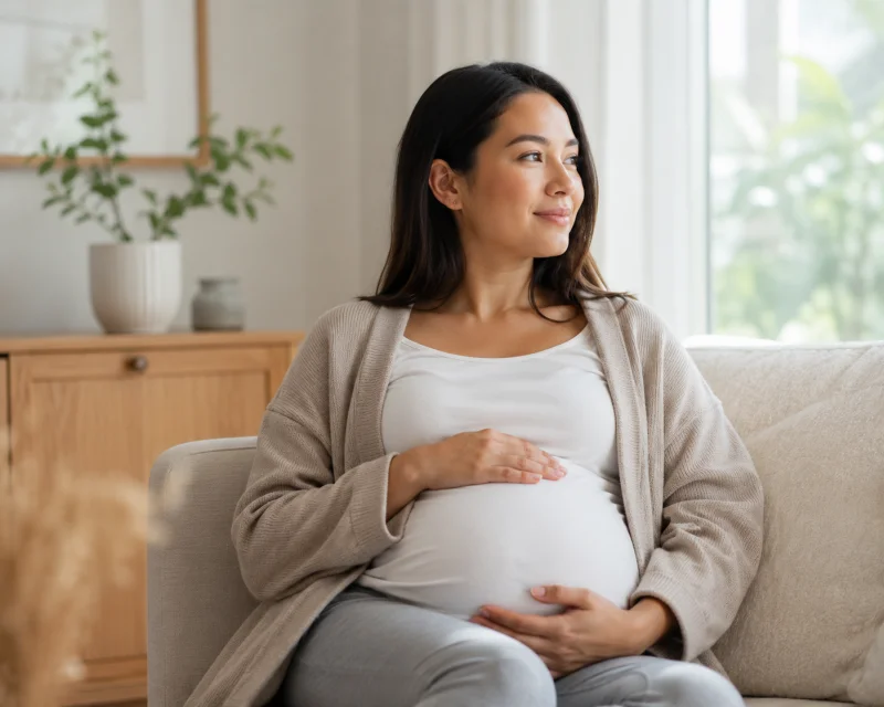 A pregnant woman sitting comfortably in a bright, calm room, representing the audience considering pigmentation treatment during pregnancy