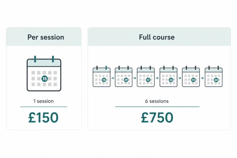 A simple illustrated graphic comparing two columns - a single session price of £150 shown beneath one calendar icon on the left, against a full course total of £750 shown beneath six calendar icons on the right, illustrating how per-session hyperpigmentation treatment prices differ from total course costs in the UK.