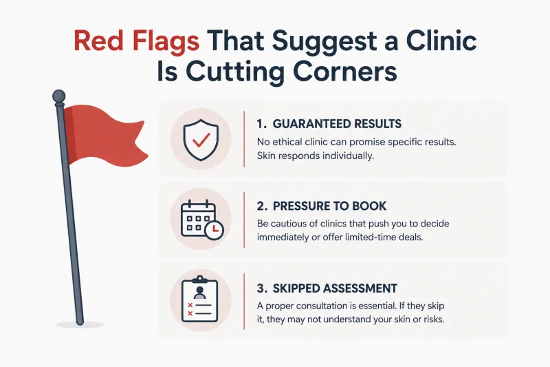 An illustrated graphic showing a small red flag icon alongside three labelled warning signs: guaranteed results, pressure to book quickly, and a skipped skin assessment, representing red flags when choosing a hyperpigmentation clinic.