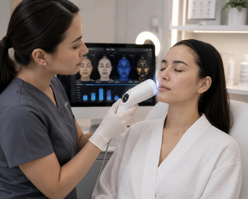 Practitioner using a handheld skin analysis lamp to examine a client's facial skin during a pigmentation assessment