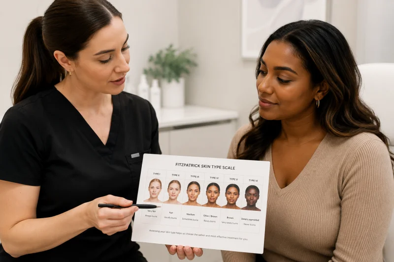 Photograph of a medical aesthetics practitioner holding a Fitzpatrick skin type reference chart during a pre-treatment consultation with a patient with a medium-to-deep skin tone, illustrating the importance of skin type assessment before laser pigmentation treatment to minimise the risk of post-inflammatory hyperpigmentation