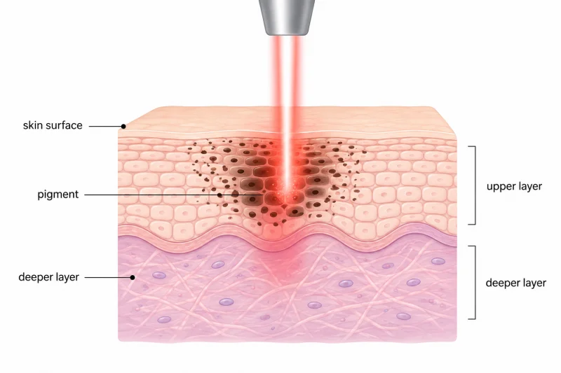 Illustrated diagram of a cross-section of skin showing two labelled layers - the skin surface (epidermis) and the deeper layer (dermis) - with a stylised laser beam entering from above and targeting a melanin pigment deposit in the upper layer, used to explain how laser targets pigmentation at different skin depths