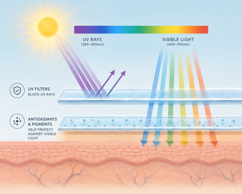 Illustrated diagram showing the difference between UV protection and visible light protection in sunscreen