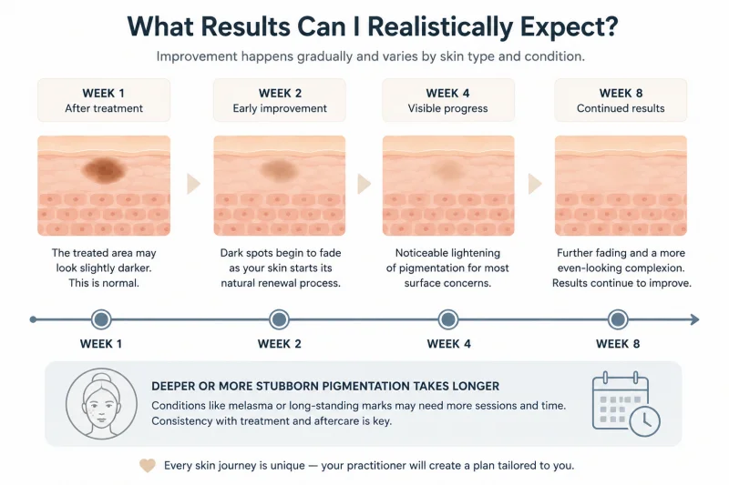 Illustrated timeline graphic showing progressive fading of a surface skin pigmentation mark over eight weeks following laser treatment, with markers at weeks one, two, four, and eight showing gradual lightening of the dark spot over time, and a note below indicating that deeper pigmentation conditions such as melasma typically take longer to respond and require more sessions