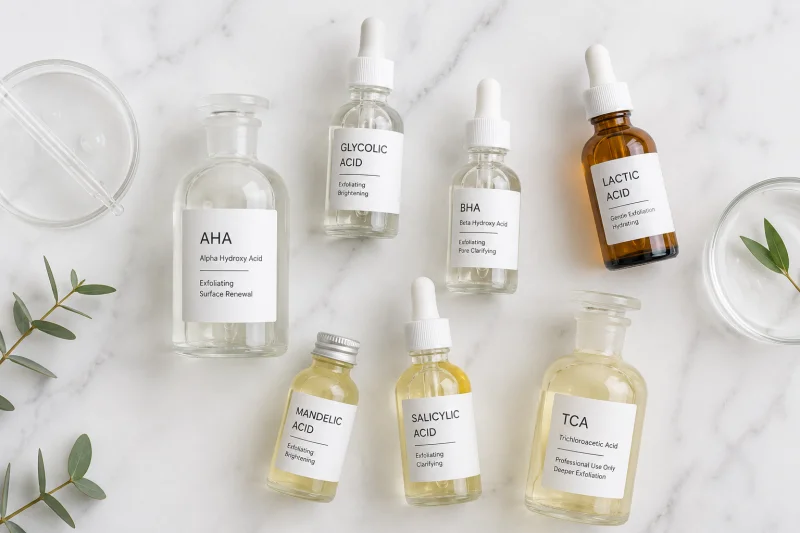 A flat-lay photograph showing a collection of small glass dropper bottles and vials containing clear and pale yellow liquid solutions arranged on a white marble surface. The bottles carry minimal, unbranded labels including terms such as AHA, BHA, glycolic acid, and lactic acid, representing the range of chemical peel formulations used in professional pigmentation treatment.