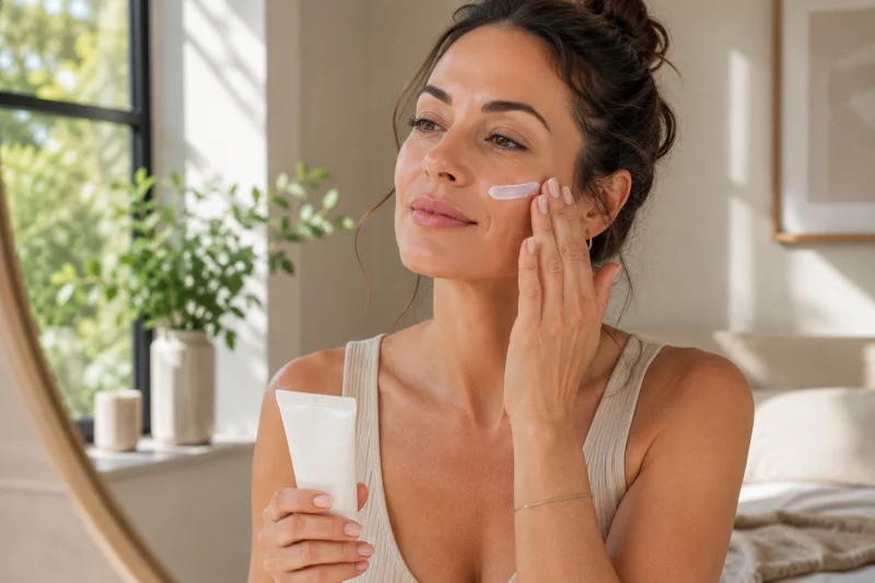 A lifestyle photograph of a woman applying SPF sunscreen to her face while standing near a window with natural daylight. The setting appears to be a home bathroom or bedroom with minimal decor. Her expression is calm and the action appears routine and habitual. No product branding is visible. The image reinforces the message that daily SPF application is an essential and ongoing part of post-peel skin care, not a temporary measure.