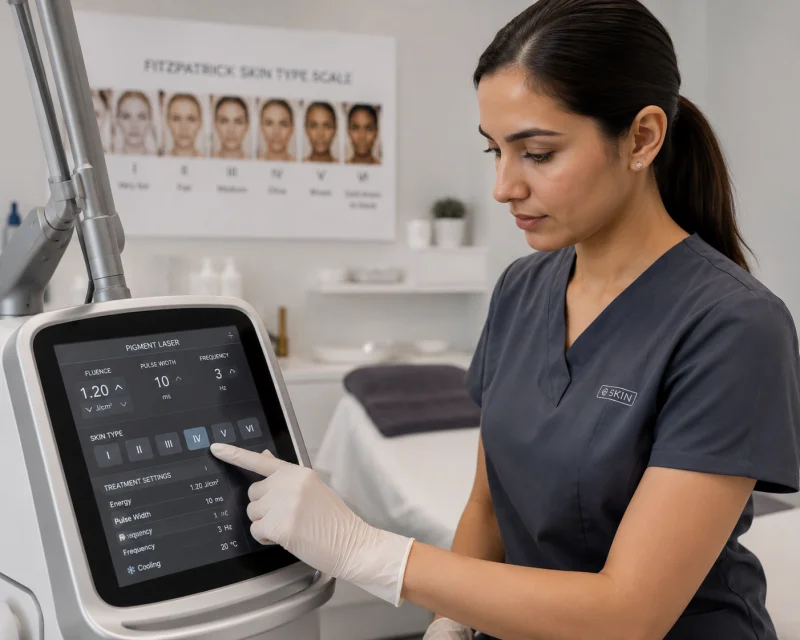 Practitioner adjusting settings on a laser device console before a pigmentation treatment session