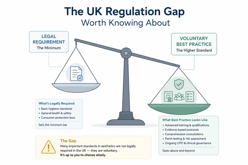 Visually communicate the gap between legal minimums and best practice standards in UK aesthetics