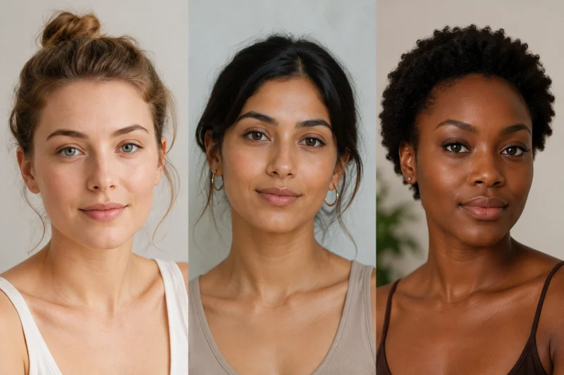 Three women with different skin tones shown side by side, representing the diversity of skin types that influence hyperpigmentation treatment outcomes and risk.