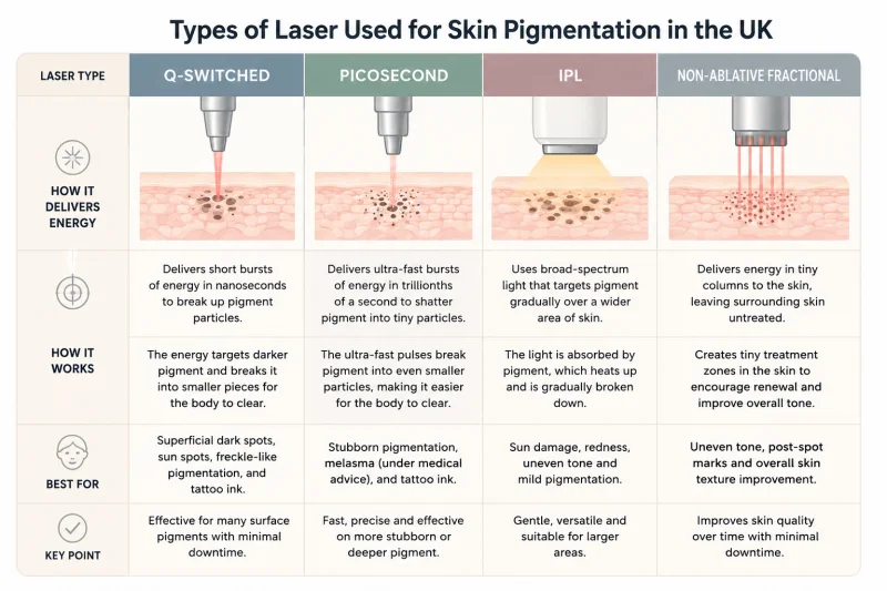 Illustrated comparison grid showing four types of laser and light treatment used for skin pigmentation - Q-switched, picosecond, intense pulsed light (IPL), and non-ablative fractional laser - each with a short plain-English description of how the technology works and what it is typically used to treat