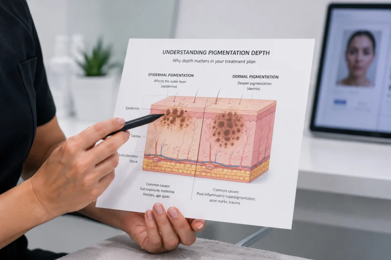 A practitioner points to a cross-section diagram of skin layers showing epidermal and dermal pigmentation during a consultation, illustrating how pigment depth influences hyperpigmentation treatment planning.
