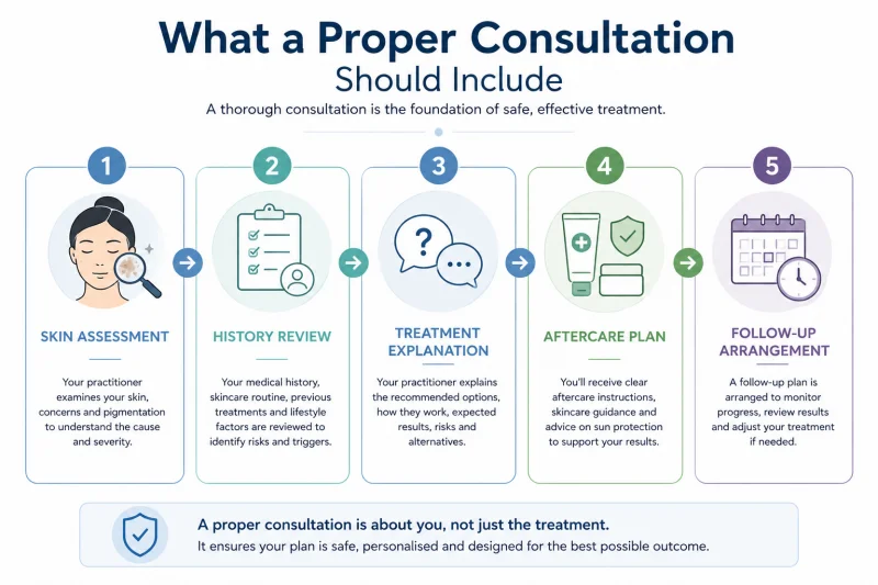 An illustrated checklist showing five sequential steps of a proper hyperpigmentation consultation: skin assessment, medical history review, treatment explanation, aftercare plan, and follow-up arrangement.