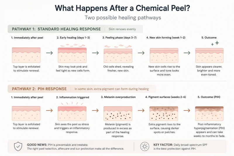 A flat illustrated dual-pathway diagram showing two possible outcomes following a chemical peel treatment. The left pathway is labelled standard healing response and shows the skin renewing evenly over time. The right pathway is labelled PIH response and shows darker pigment forming in the treated area during healing. Both pathways use simple skin layer icons and the design uses a neutral colour palette with clear sans-serif typography on a white background.