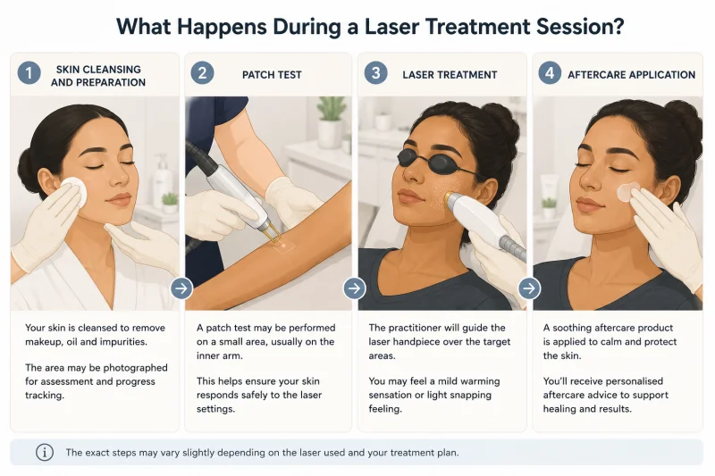 Four-stage illustrated sequence showing the steps of a laser pigmentation treatment session - stage one showing skin cleansing preparation, stage two showing a patch test being applied to the inner arm, stage three showing a laser handpiece being guided over the cheek area, and stage four showing a practitioner applying aftercare product to treated skin, all set in a clean clinical environment with plain English labels