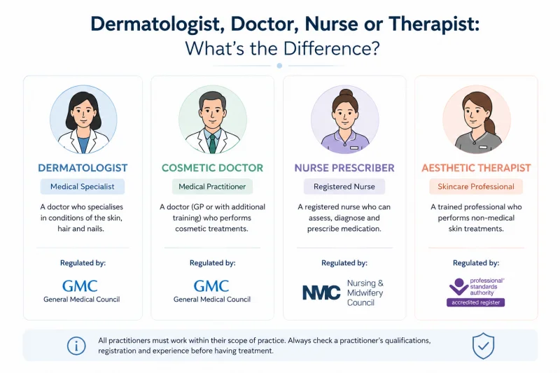A simple, clean illustrated diagram or flowchart showing four professional categories (dermatologist, cosmetic doctor, nurse prescriber, aesthetic therapist)