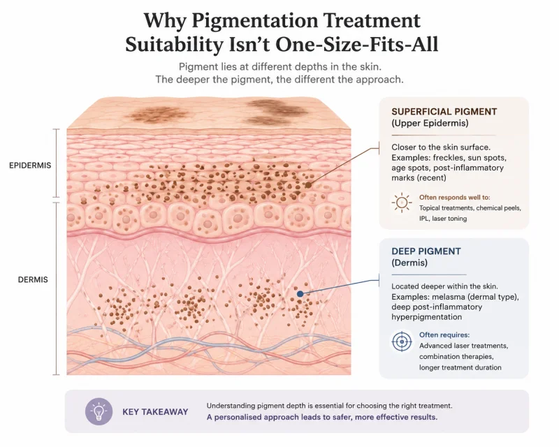  Illustrated cross-section of human skin showing pigment located at different depths within the epidermis and dermis layers