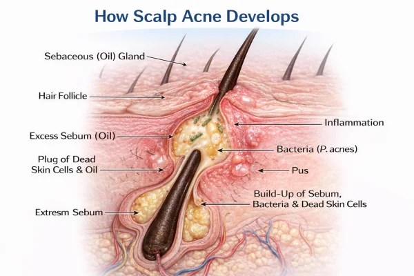 Clinical illustration of a hair follicle showing sebum build-up and inflammation,